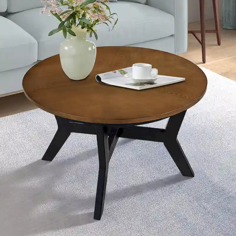 Table basse ronde en bois de 32 pouces pour salon, tables basses circulaires en bois de style Mid-Century ou Ferme pour appartement, montage facile