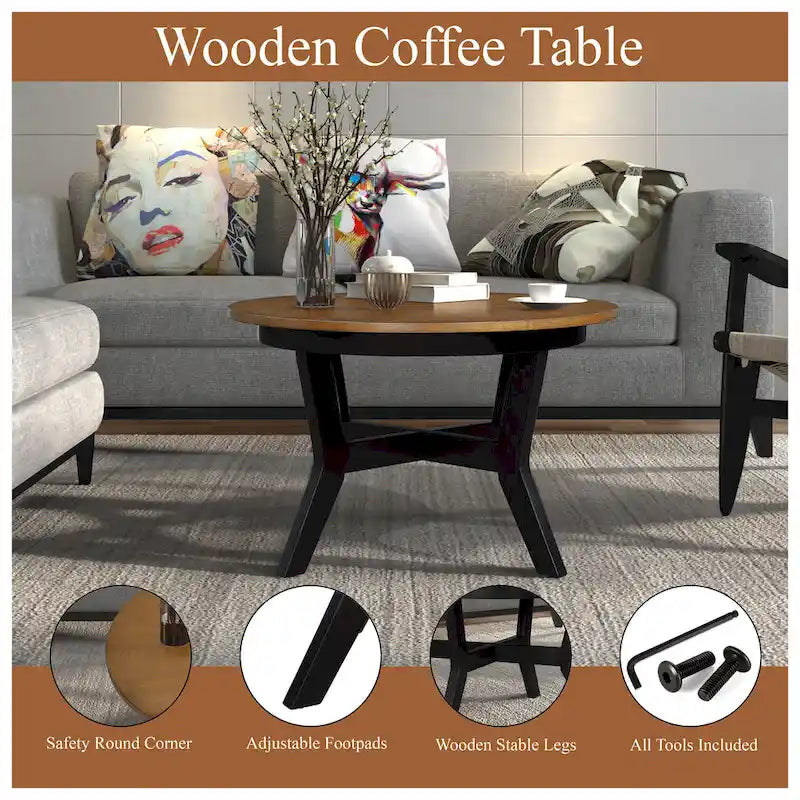 Table basse ronde en bois de 32 pouces pour salon, tables basses circulaires en bois de style Mid-Century ou Ferme pour appartement, montage facile