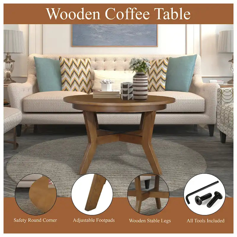 Table basse ronde en bois de 32 pouces pour salon, tables basses circulaires en bois de style Mid-Century ou Ferme pour appartement, montage facile