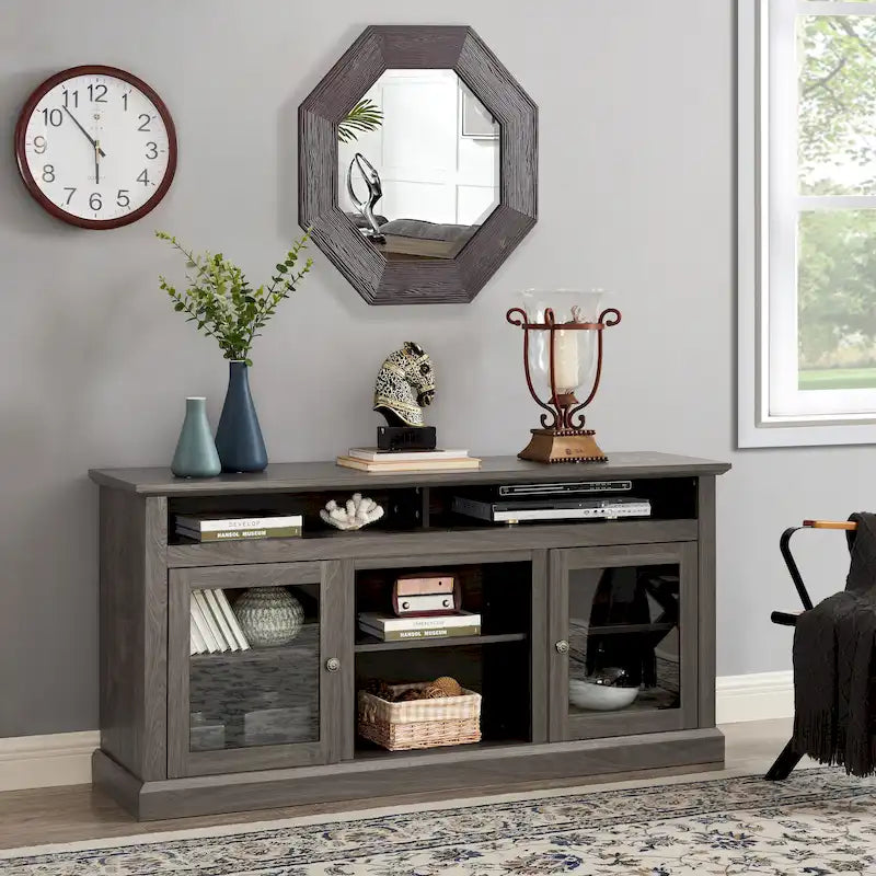 Meuble TV moderne Meuble de télévision Meuble console moderne pour TV jusqu'à 65 pouces avec porte vitrée et espaces de rangement ouverts et fermés