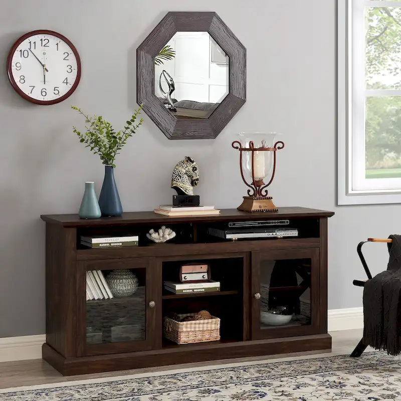Meuble TV moderne Meuble de télévision Meuble console moderne pour TV jusqu'à 65 pouces avec porte vitrée et espaces de rangement ouverts et fermés