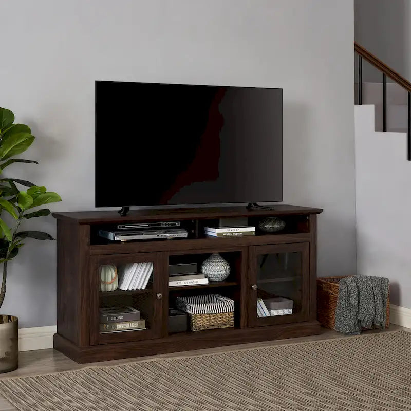 Meuble TV moderne Meuble de télévision Meuble console moderne pour TV jusqu'à 65 pouces avec porte vitrée et espaces de rangement ouverts et fermés
