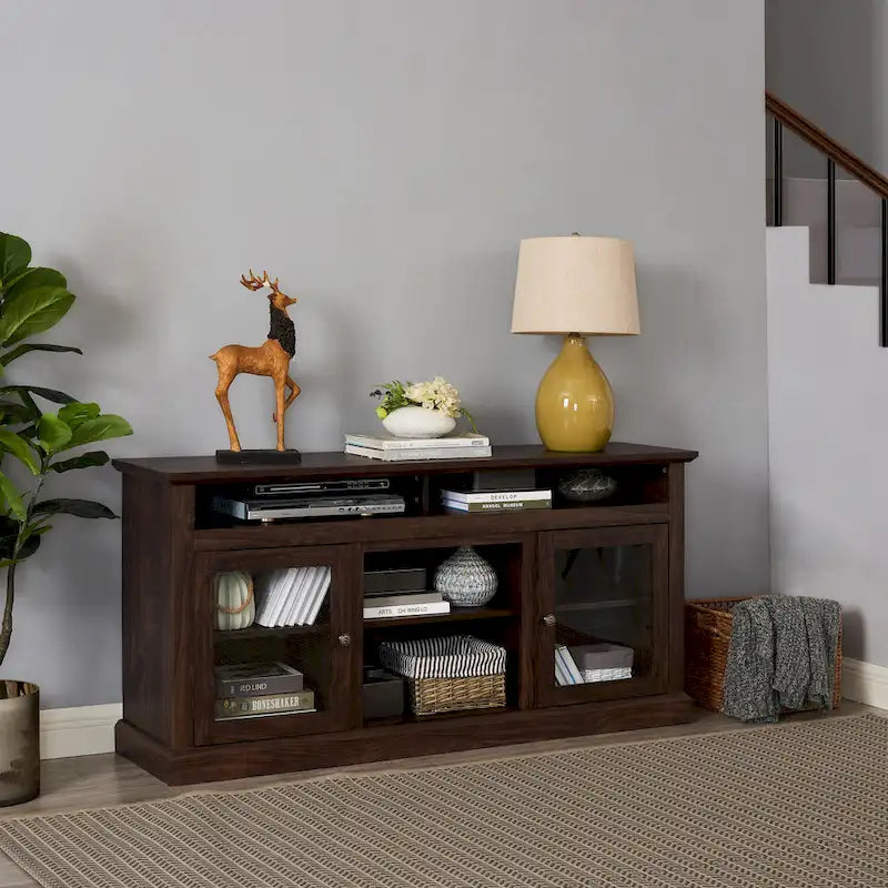 Meuble TV moderne Meuble de télévision Meuble console moderne pour TV jusqu'à 65 pouces avec porte vitrée et espaces de rangement ouverts et fermés