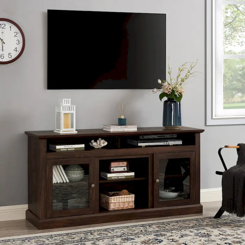 Meuble TV moderne Meuble de télévision Meuble console moderne pour TV jusqu'à 65 pouces avec porte vitrée et espaces de rangement ouverts et fermés