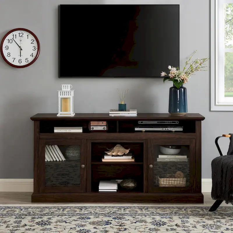 Meuble TV moderne Meuble de télévision Meuble console moderne pour TV jusqu'à 65 pouces avec porte vitrée et espaces de rangement ouverts et fermés
