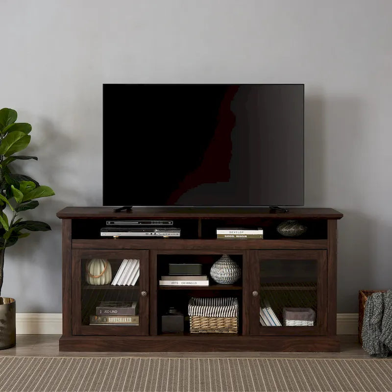 Meuble TV moderne Meuble de télévision Meuble console moderne pour TV jusqu'à 65 pouces avec porte vitrée et espaces de rangement ouverts et fermés