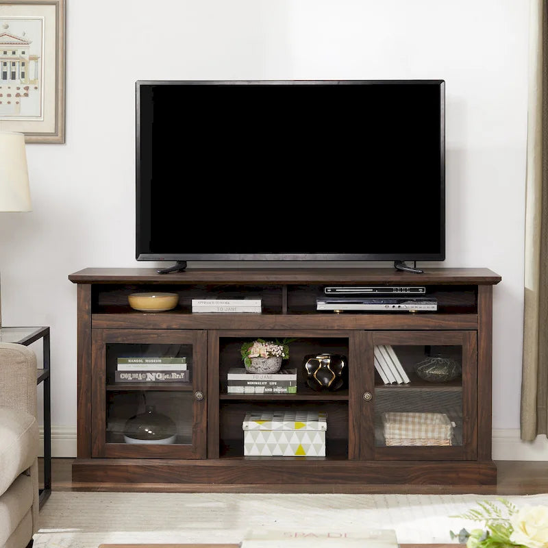 Meuble TV moderne Meuble de télévision Meuble console moderne pour TV jusqu'à 65 pouces avec porte vitrée et espaces de rangement ouverts et fermés