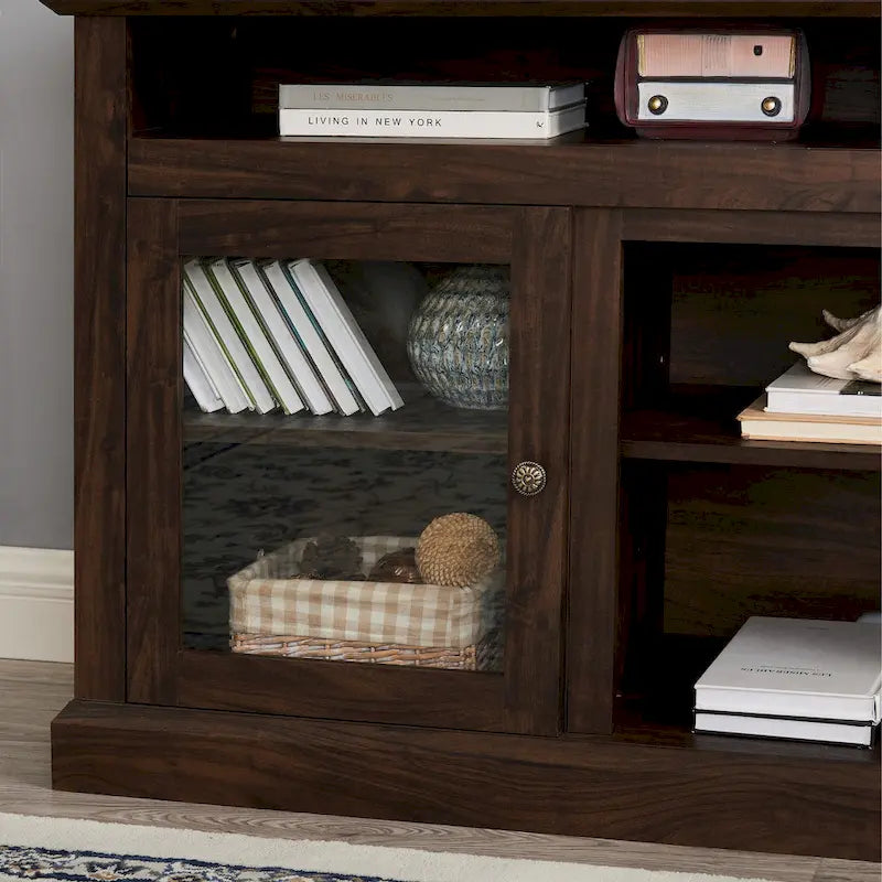 Meuble TV moderne Meuble de télévision Meuble console moderne pour TV jusqu'à 65 pouces avec porte vitrée et espaces de rangement ouverts et fermés