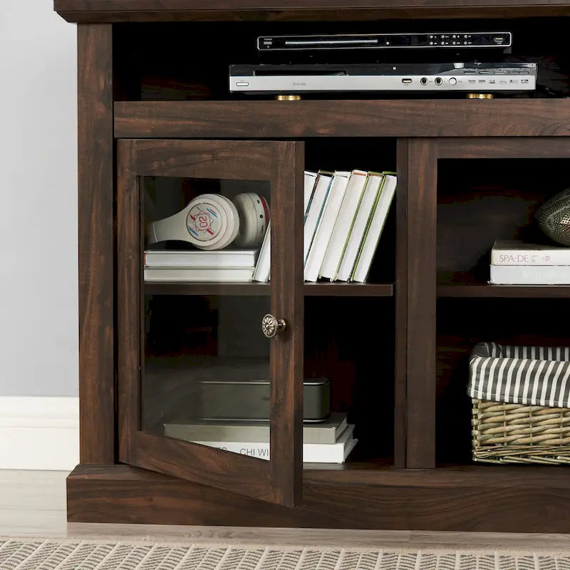 Meuble TV moderne Meuble de télévision Meuble console moderne pour TV jusqu'à 65 pouces avec porte vitrée et espaces de rangement ouverts et fermés