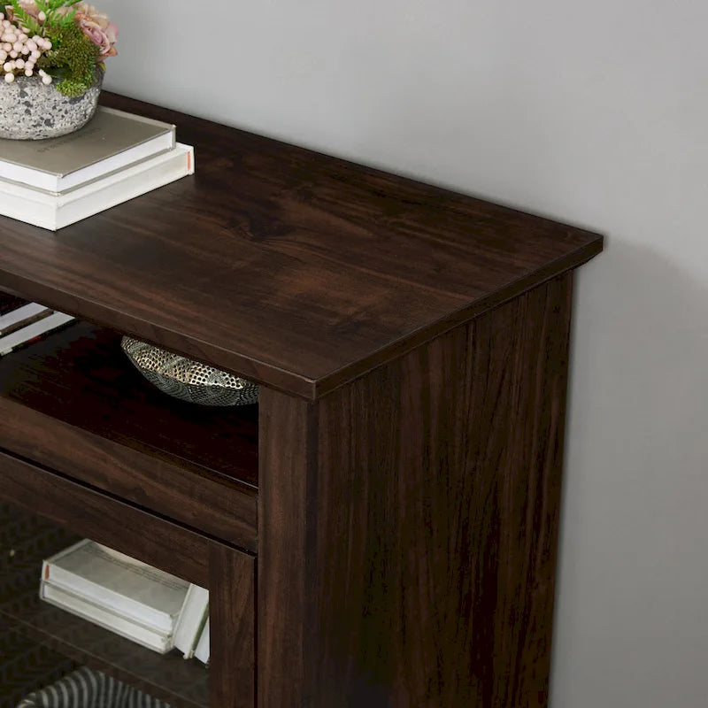 Meuble TV moderne Meuble de télévision Meuble console moderne pour TV jusqu'à 65 pouces avec porte vitrée et espaces de rangement ouverts et fermés
