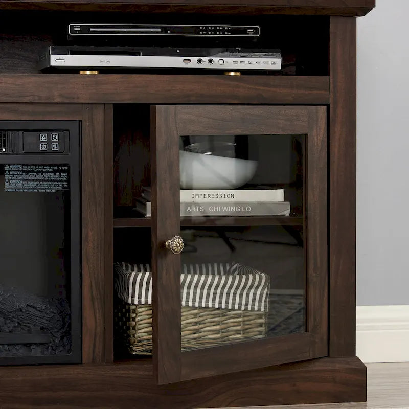 Meuble TV moderne Meuble de télévision Meuble console moderne pour TV jusqu'à 65 pouces avec porte vitrée et espaces de rangement ouverts et fermés