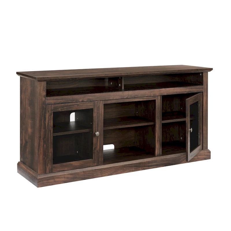 Meuble TV moderne Meuble de télévision Meuble console moderne pour TV jusqu'à 65 pouces avec porte vitrée et espaces de rangement ouverts et fermés