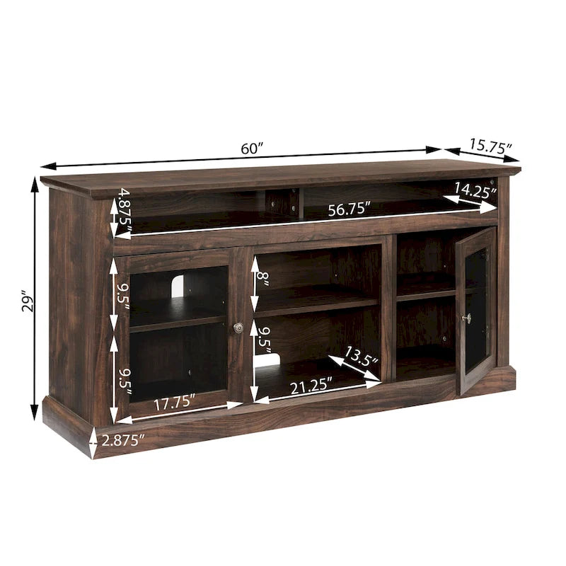 Meuble TV moderne Meuble de télévision Meuble console moderne pour TV jusqu'à 65 pouces avec porte vitrée et espaces de rangement ouverts et fermés
