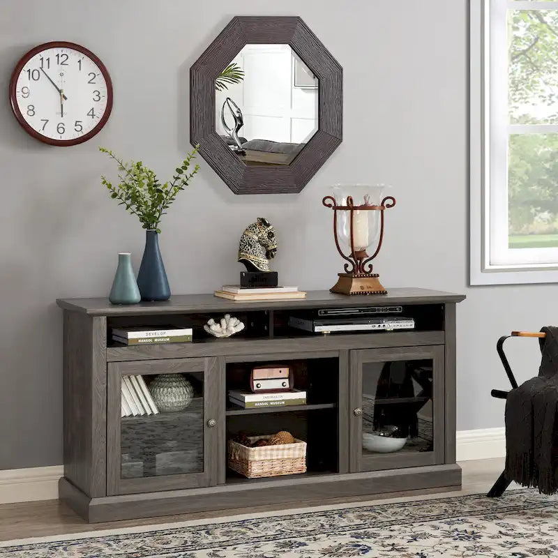 Meuble TV moderne Meuble de télévision Meuble console moderne pour TV jusqu'à 65 pouces avec porte vitrée et espaces de rangement ouverts et fermés