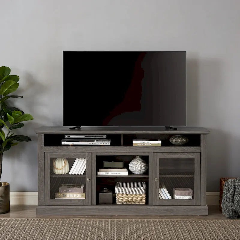 Meuble TV moderne Meuble de télévision Meuble console moderne pour TV jusqu'à 65 pouces avec porte vitrée et espaces de rangement ouverts et fermés