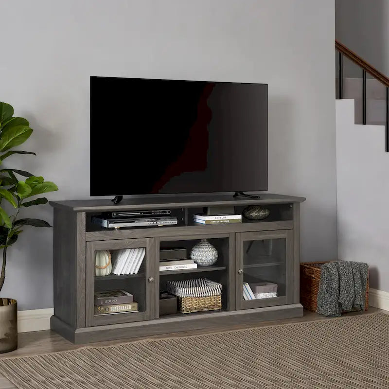 Meuble TV moderne Meuble de télévision Meuble console moderne pour TV jusqu'à 65 pouces avec porte vitrée et espaces de rangement ouverts et fermés