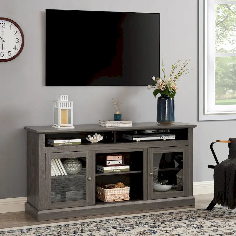 Meuble TV moderne Meuble de télévision Meuble console moderne pour TV jusqu'à 65 pouces avec porte vitrée et espaces de rangement ouverts et fermés