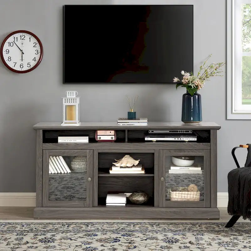 Meuble TV moderne Meuble de télévision Meuble console moderne pour TV jusqu'à 65 pouces avec porte vitrée et espaces de rangement ouverts et fermés