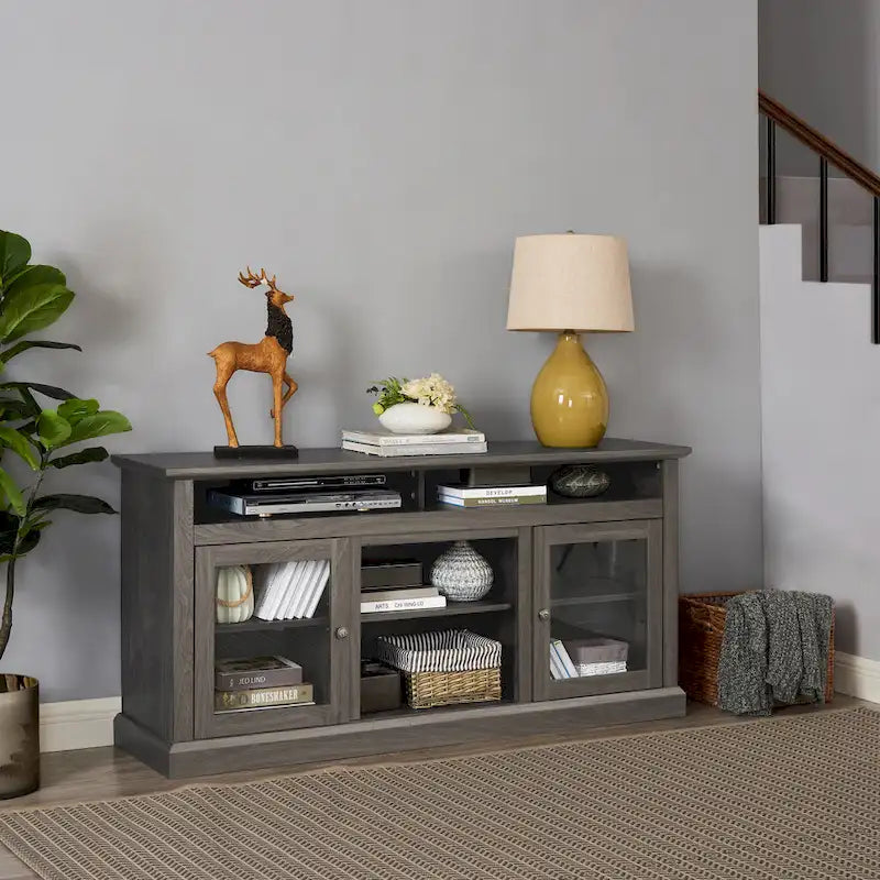 Meuble TV moderne Meuble de télévision Meuble console moderne pour TV jusqu'à 65 pouces avec porte vitrée et espaces de rangement ouverts et fermés