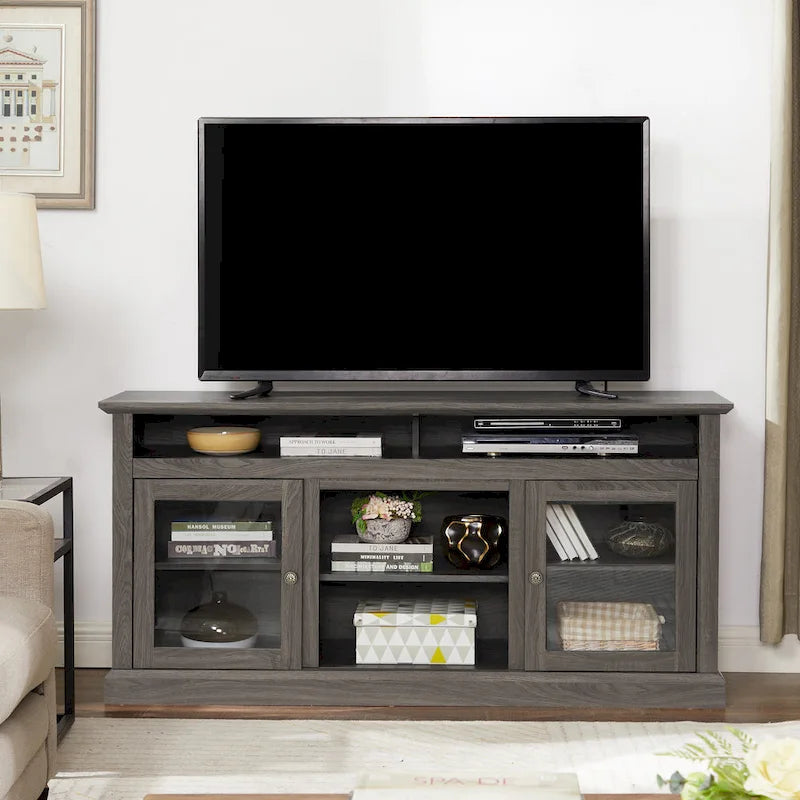 Meuble TV moderne Meuble de télévision Meuble console moderne pour TV jusqu'à 65 pouces avec porte vitrée et espaces de rangement ouverts et fermés