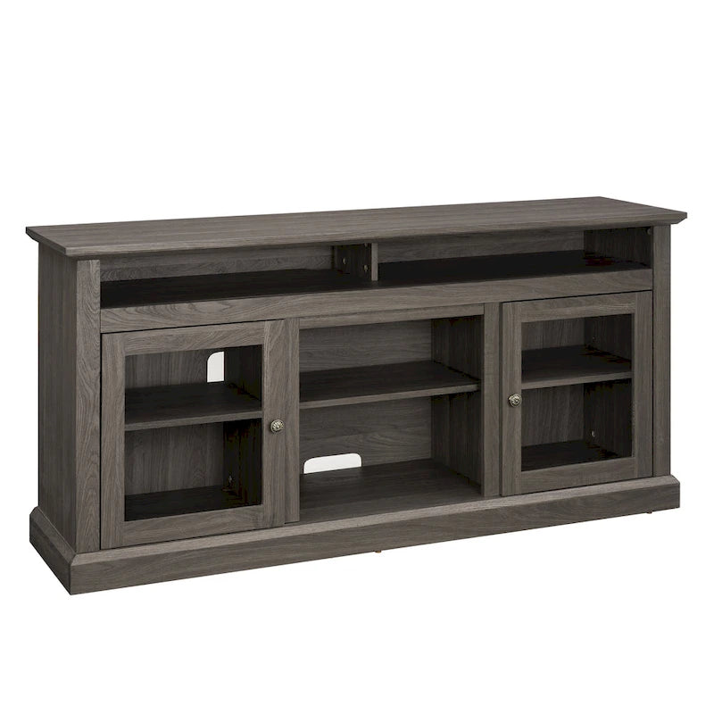 Meuble TV moderne Meuble de télévision Meuble console moderne pour TV jusqu'à 65 pouces avec porte vitrée et espaces de rangement ouverts et fermés