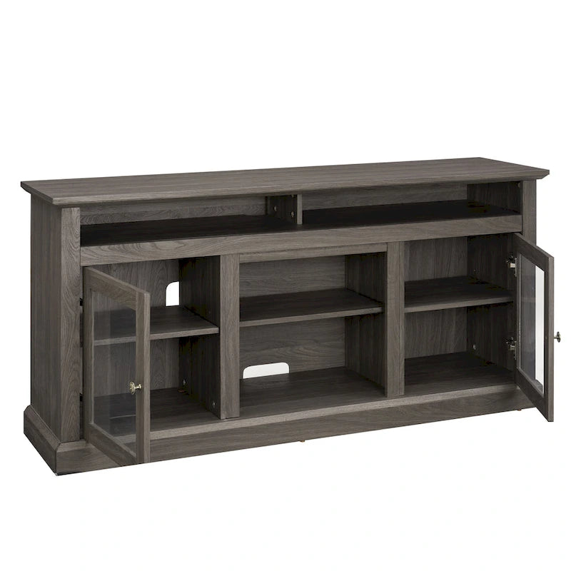 Meuble TV moderne Meuble de télévision Meuble console moderne pour TV jusqu'à 65 pouces avec porte vitrée et espaces de rangement ouverts et fermés