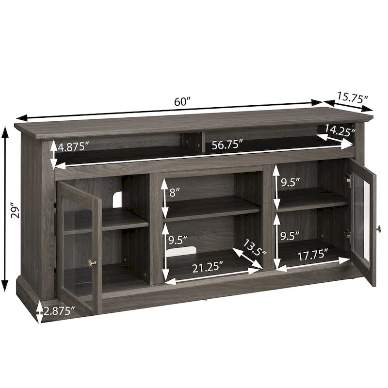 Meuble TV moderne Meuble de télévision Meuble console moderne pour TV jusqu'à 65 pouces avec porte vitrée et espaces de rangement ouverts et fermés