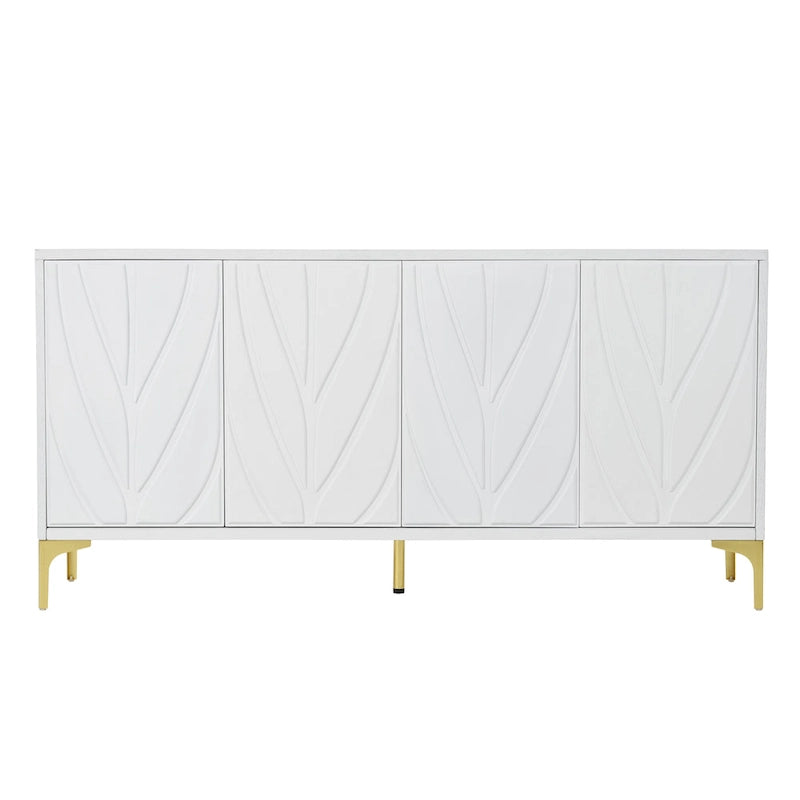 Buffet 4 portes sculpté créatif avec poignées escamotables, système d'ouverture par simple pression, idéal pour la salle à manger, le salon, la chambre et le couloir.
