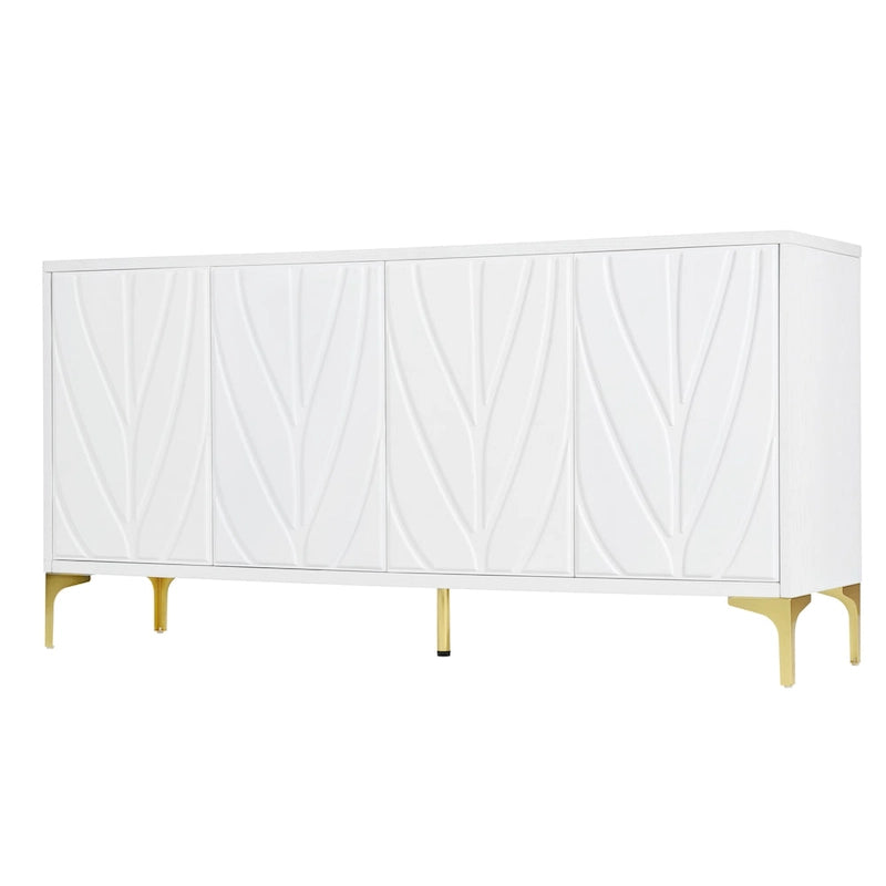 Buffet 4 portes sculpté créatif avec poignées escamotables, système d'ouverture par simple pression, idéal pour la salle à manger, le salon, la chambre et le couloir.
