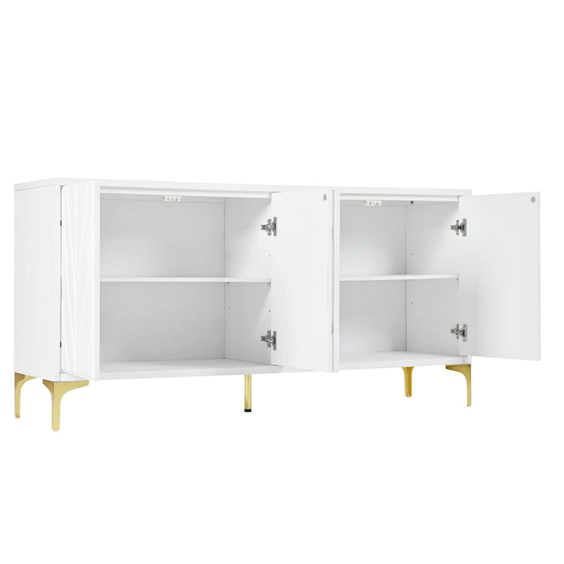 Buffet 4 portes sculpté créatif avec poignées escamotables, système d'ouverture par simple pression, idéal pour la salle à manger, le salon, la chambre et le couloir.