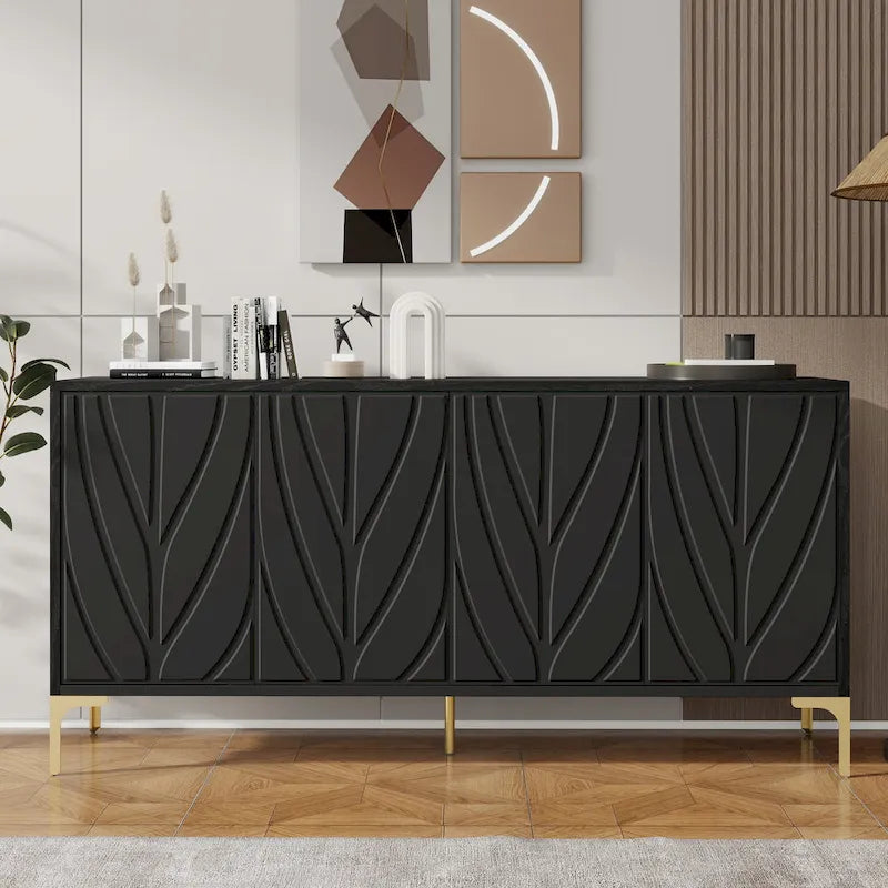 Buffet 4 portes sculpté créatif avec poignées escamotables, système d'ouverture par simple pression, idéal pour la salle à manger, le salon, la chambre et le couloir.