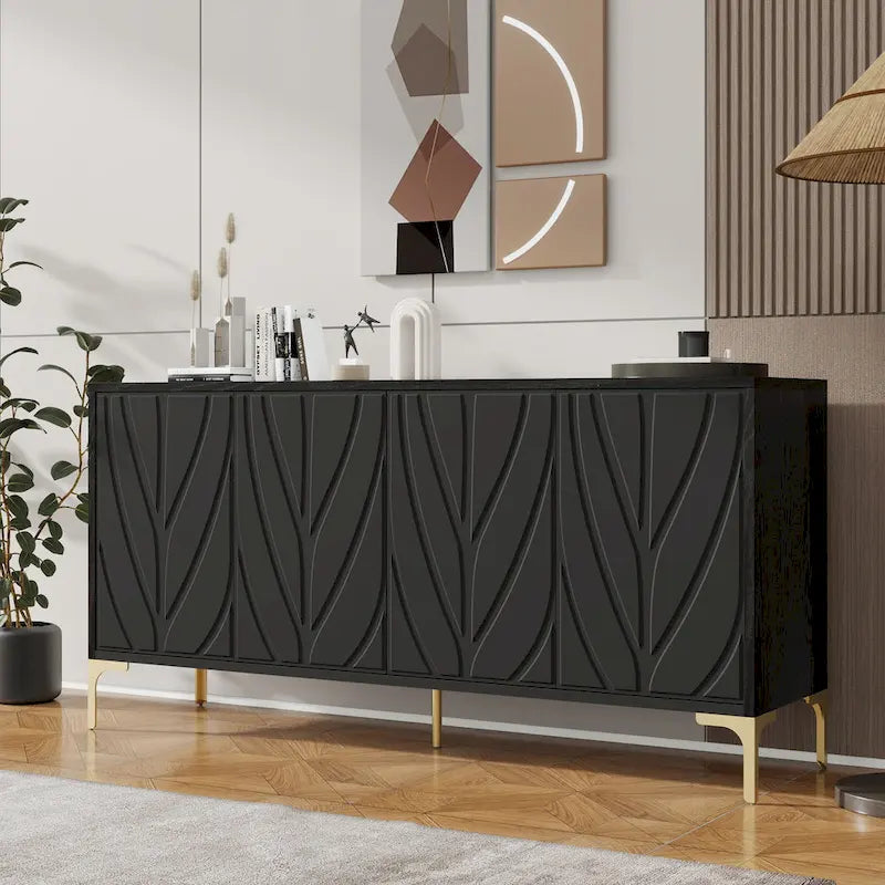 Buffet 4 portes sculpté créatif avec poignées escamotables, système d'ouverture par simple pression, idéal pour la salle à manger, le salon, la chambre et le couloir.
