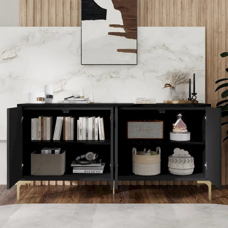 Buffet 4 portes sculpté créatif avec poignées escamotables, système d'ouverture par simple pression, idéal pour la salle à manger, le salon, la chambre et le couloir.