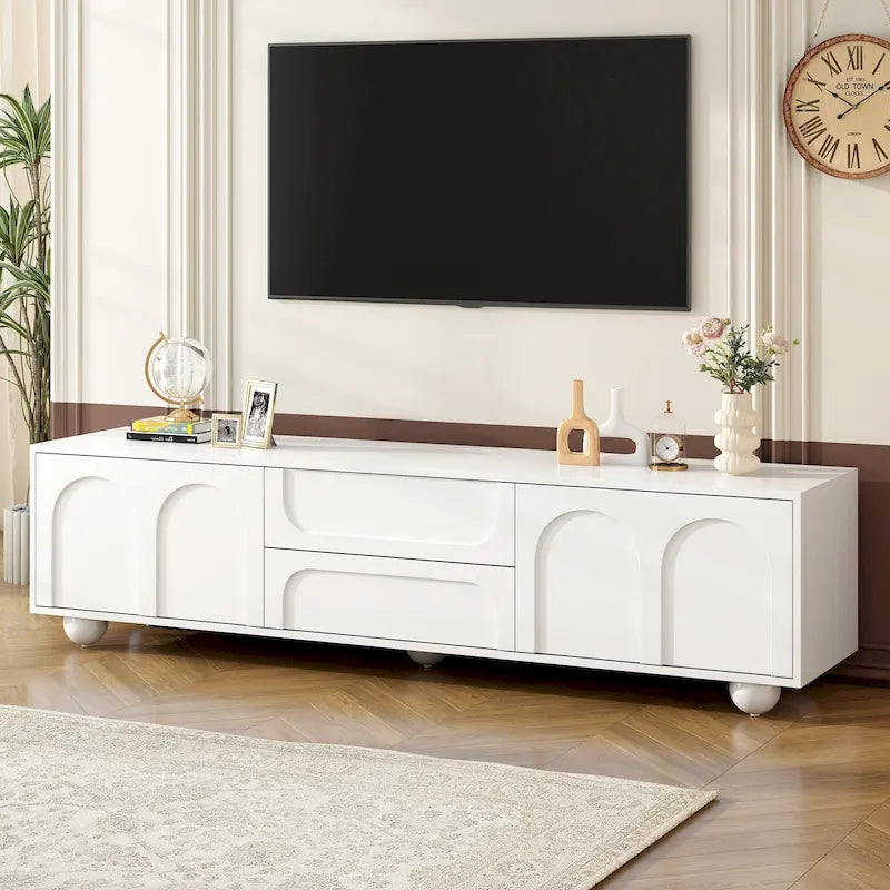 Meuble TV de rangement moderne avec 2 armoires à rebond, 2 tiroirs et 5 pieds ronds pour salon et chambre