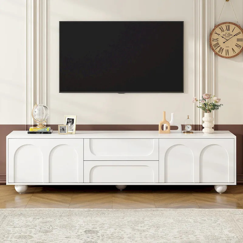 Meuble TV de rangement moderne avec 2 armoires à rebond, 2 tiroirs et 5 pieds ronds pour salon et chambre