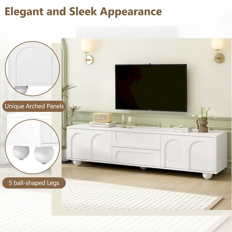 Meuble TV de rangement moderne avec 2 armoires à rebond, 2 tiroirs et 5 pieds ronds pour salon et chambre