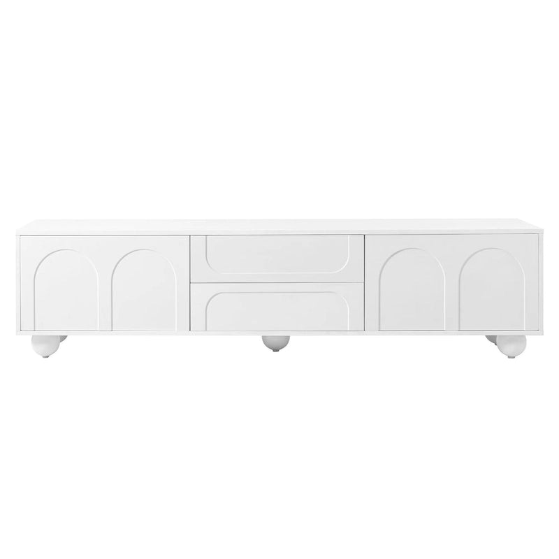 Meuble TV de rangement moderne avec 2 armoires à rebond, 2 tiroirs et 5 pieds ronds pour salon et chambre