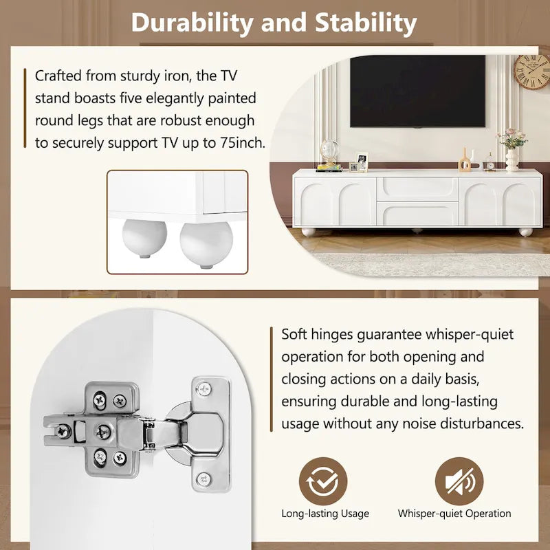 Meuble TV de rangement moderne avec 2 armoires à rebond, 2 tiroirs et 5 pieds ronds pour salon et chambre