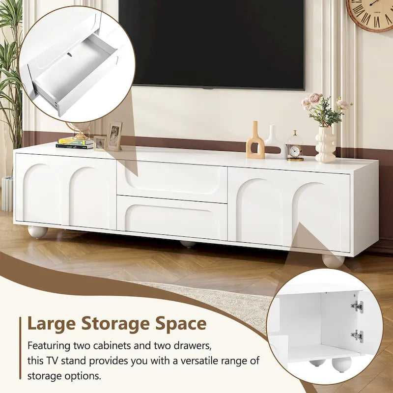 Meuble TV de rangement moderne avec 2 armoires à rebond, 2 tiroirs et 5 pieds ronds pour salon et chambre