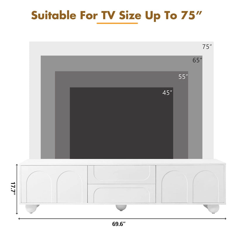Meuble TV de rangement moderne avec 2 armoires à rebond, 2 tiroirs et 5 pieds ronds pour salon et chambre