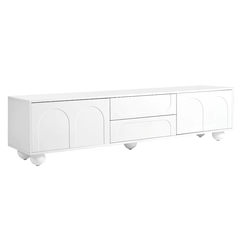 Meuble TV de rangement moderne avec 2 armoires à rebond, 2 tiroirs et 5 pieds ronds pour salon et chambre