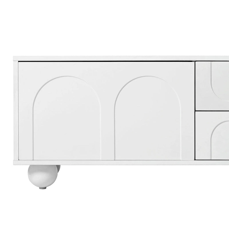 Meuble TV de rangement moderne avec 2 armoires à rebond, 2 tiroirs et 5 pieds ronds pour salon et chambre