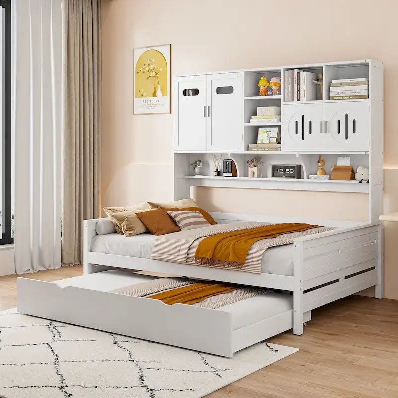Lit de repos pleine grandeur avec lit gigogne double, cadre de lit en bois massif avec armoire tout-en-un et étagère, lit de repos compact pour chambre à coucher