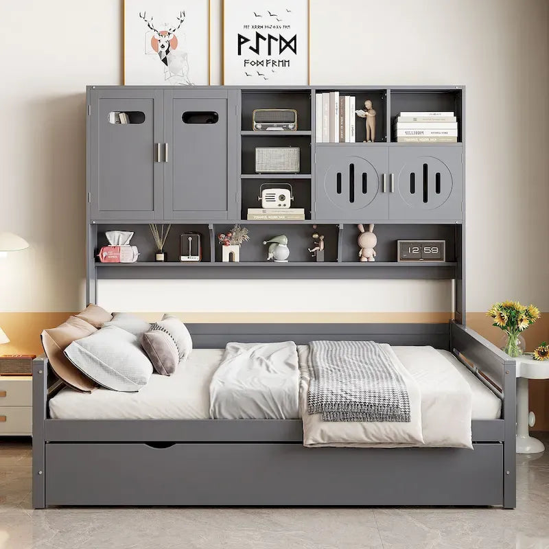 Lit de repos pleine grandeur avec lit gigogne double, cadre de lit en bois massif avec armoire tout-en-un et étagère, lit de repos compact pour chambre à coucher
