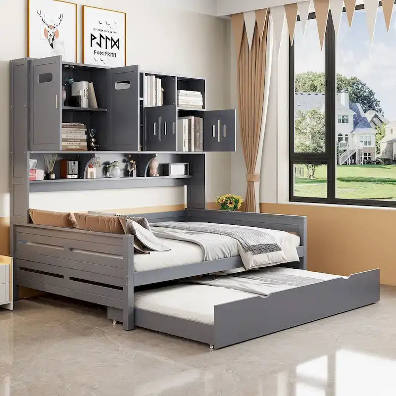 Lit de repos pleine grandeur avec lit gigogne double, cadre de lit en bois massif avec armoire tout-en-un et étagère, lit de repos compact pour chambre à coucher