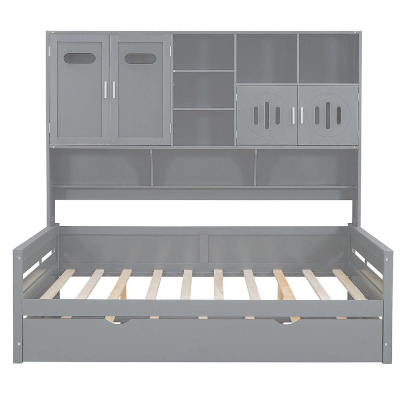 Lit de repos pleine grandeur avec lit gigogne double, cadre de lit en bois massif avec armoire tout-en-un et étagère, lit de repos compact pour chambre à coucher