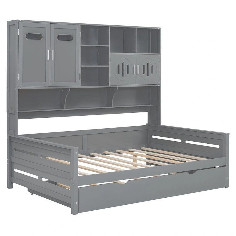 Lit de repos pleine grandeur avec lit gigogne double, cadre de lit en bois massif avec armoire tout-en-un et étagère, lit de repos compact pour chambre à coucher