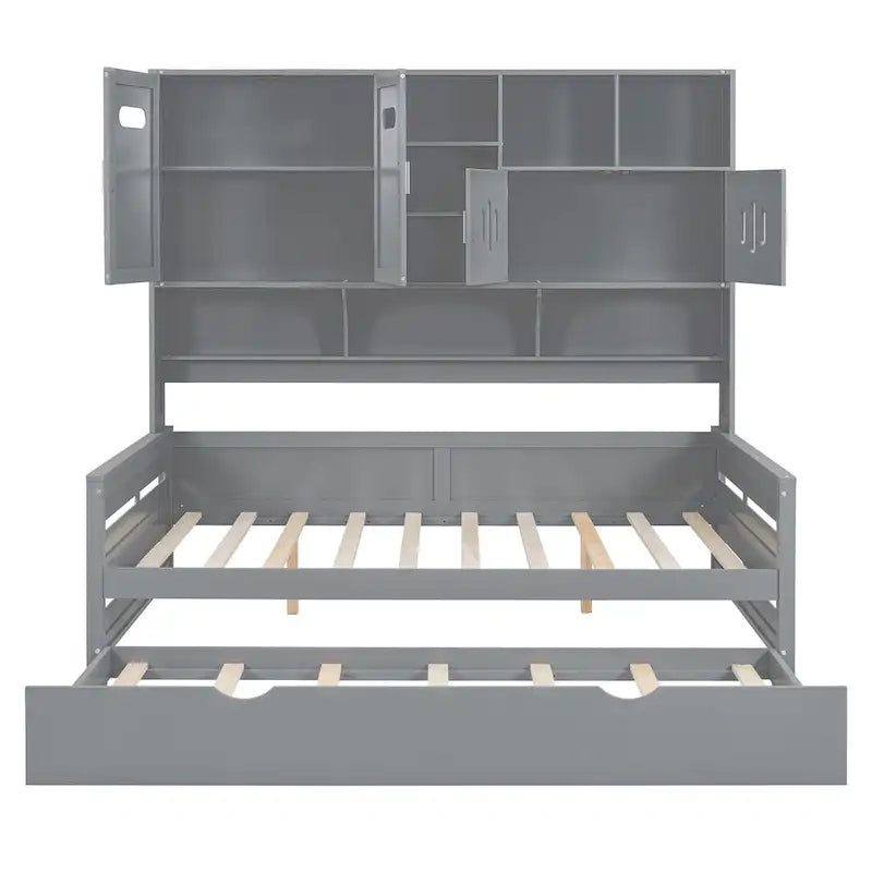Lit de repos pleine grandeur avec lit gigogne double, cadre de lit en bois massif avec armoire tout-en-un et étagère, lit de repos compact pour chambre à coucher