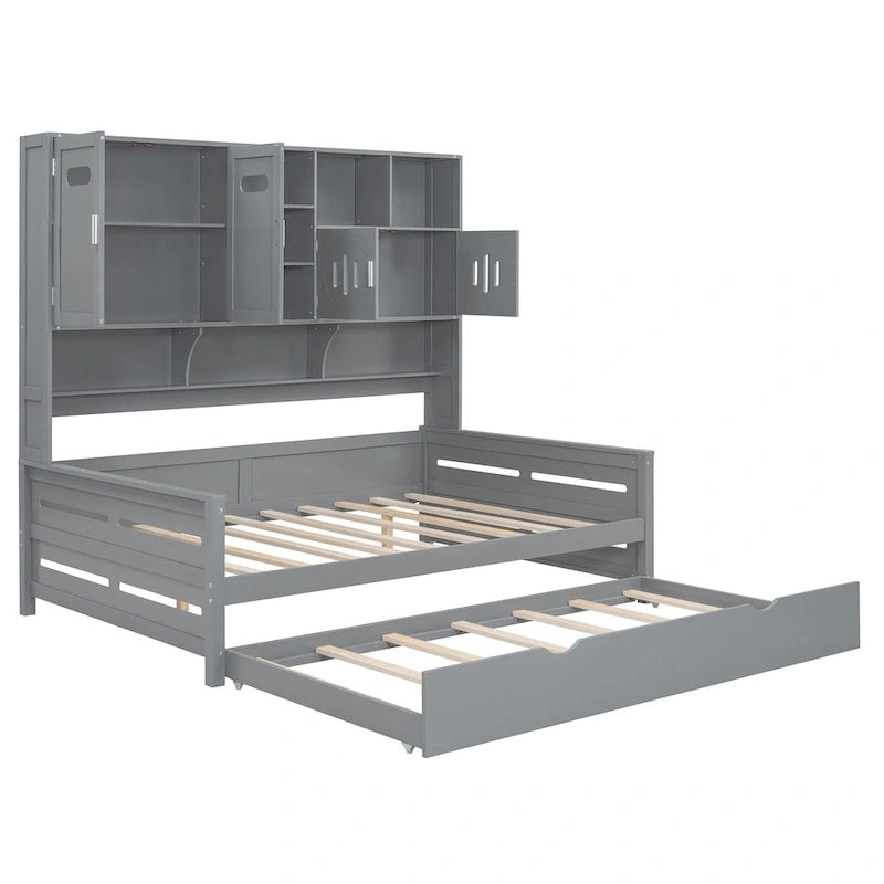 Lit de repos pleine grandeur avec lit gigogne double, cadre de lit en bois massif avec armoire tout-en-un et étagère, lit de repos compact pour chambre à coucher