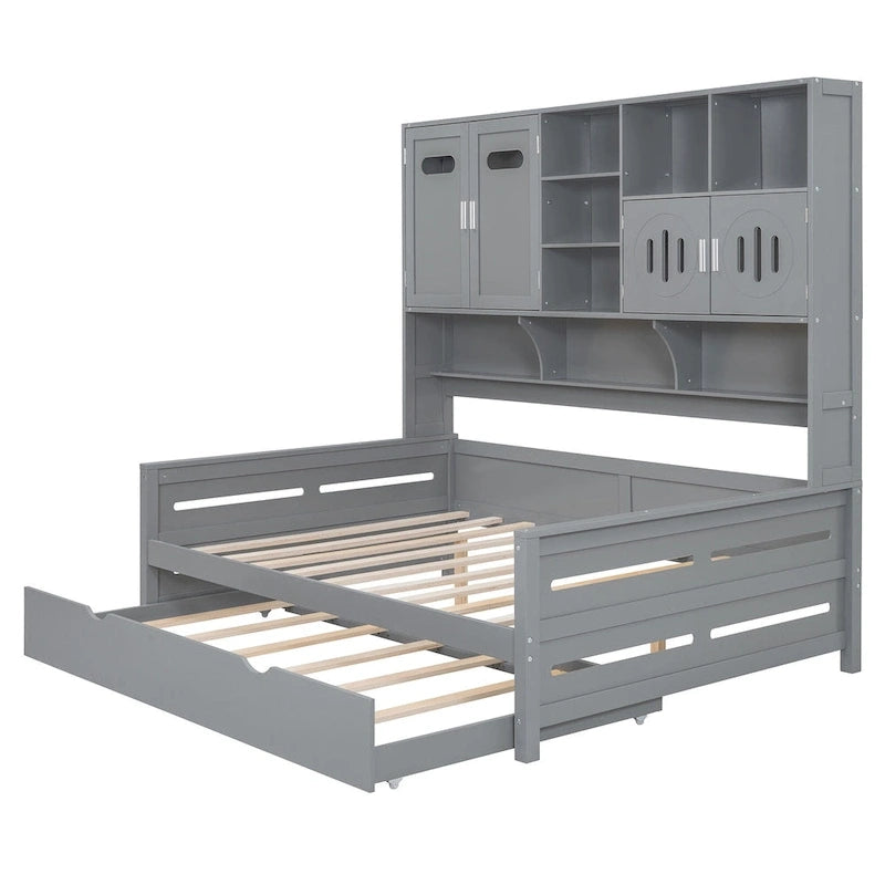 Lit de repos pleine grandeur avec lit gigogne double, cadre de lit en bois massif avec armoire tout-en-un et étagère, lit de repos compact pour chambre à coucher